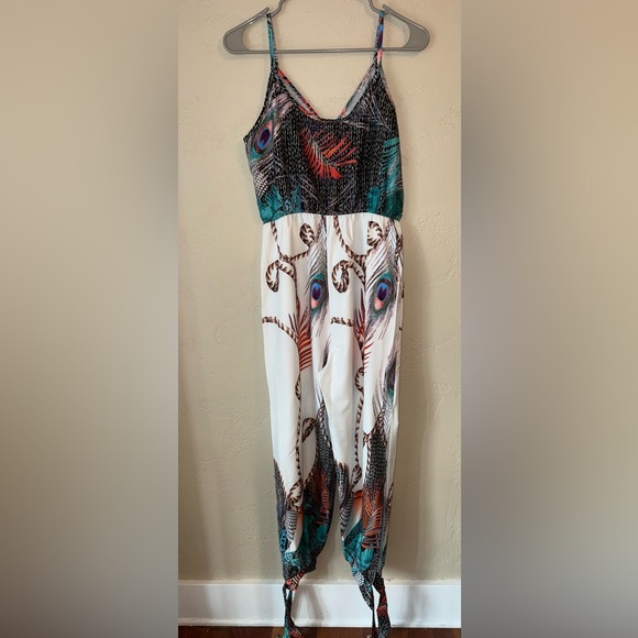 Peacock Print Jumpsuit Deep V-neck Sleeveless Spaghetti Strap Split Side Leg M - Picture 5 of 12